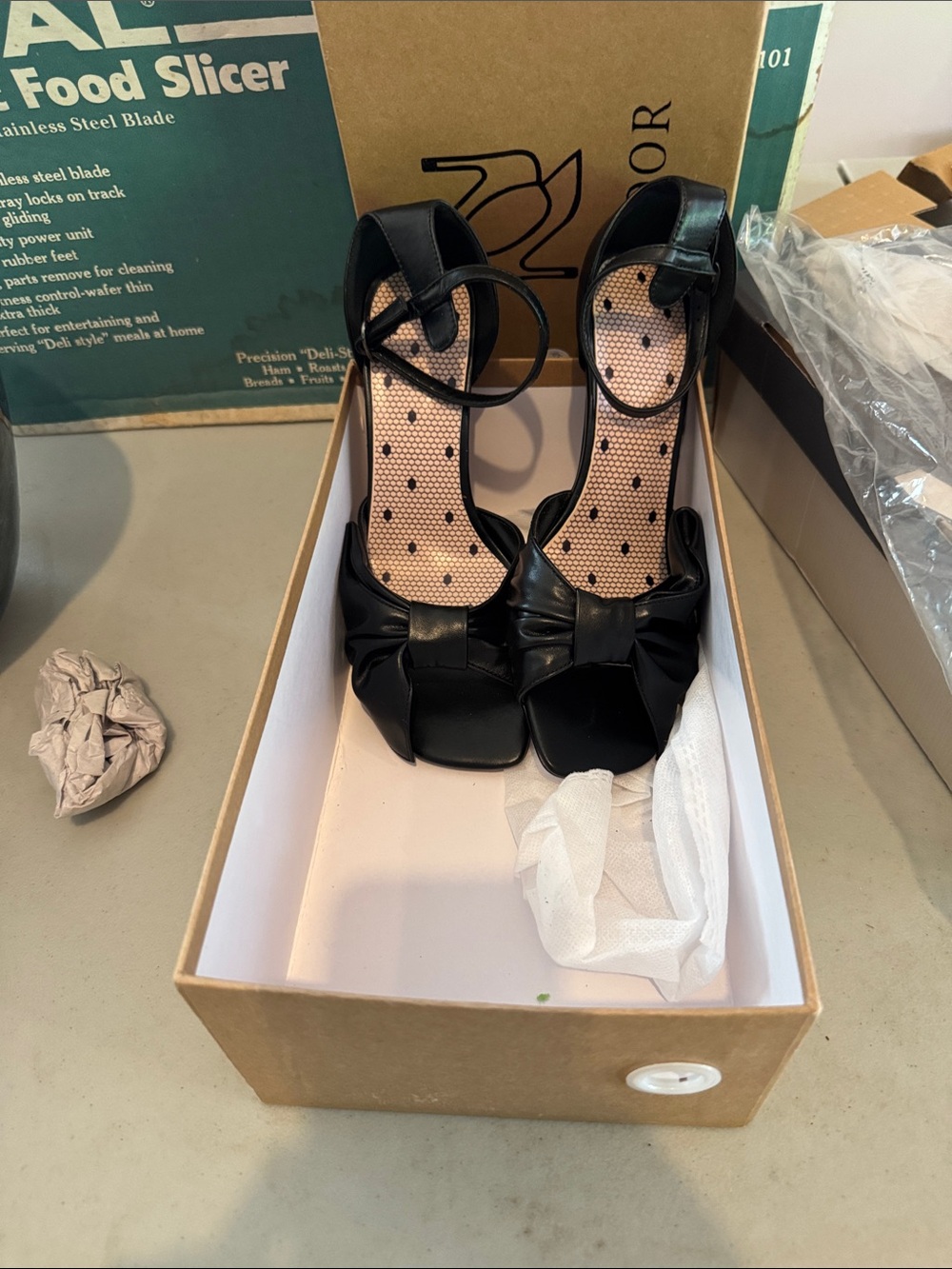 Black Peep-Toe Bow Ankle-Strap Heels